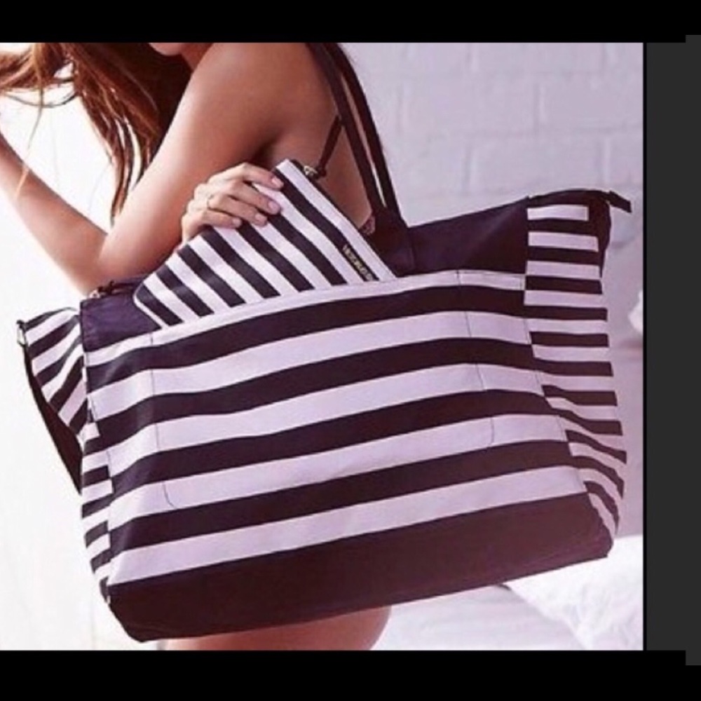 NEW 2 bags Victoria secret striped duffel & pouch - Picture 1 of 5